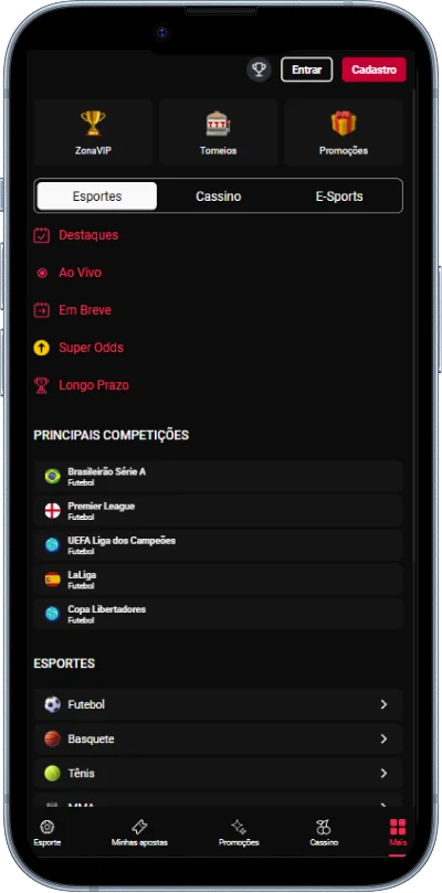 Menu principal do aplicativo Zeroum Bet Brasil