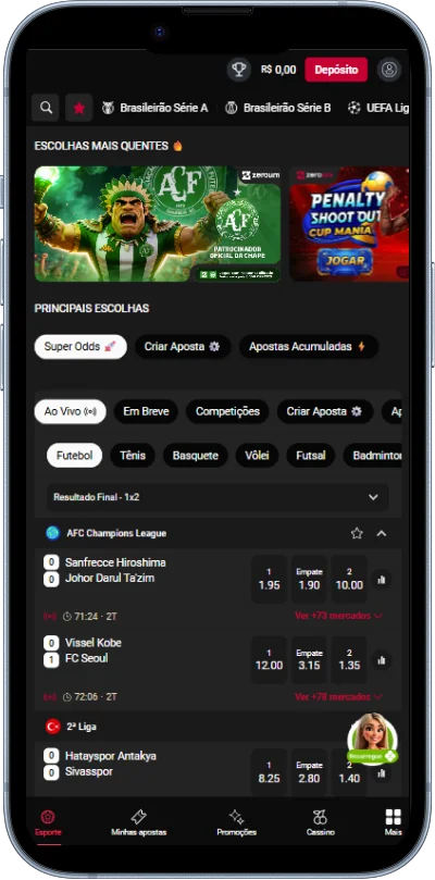 Seção de apostas esportivas no aplicativo Zeroum Bet