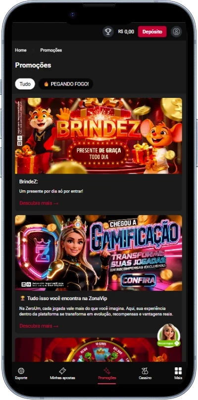 As promoções atuais disponíveis estão no aplicativo Zeroum Bet