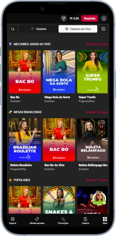 Seção de cassino ao vivo no aplicativo Zeroum Bet