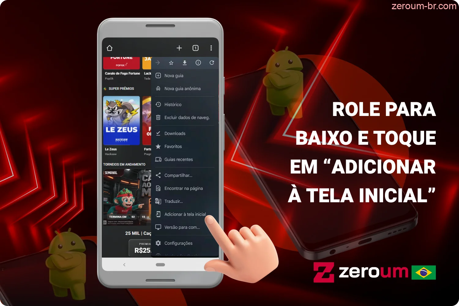 Clique em "Instalar aplicativo" para instalar o Zeroum Bet App no seu celular Android